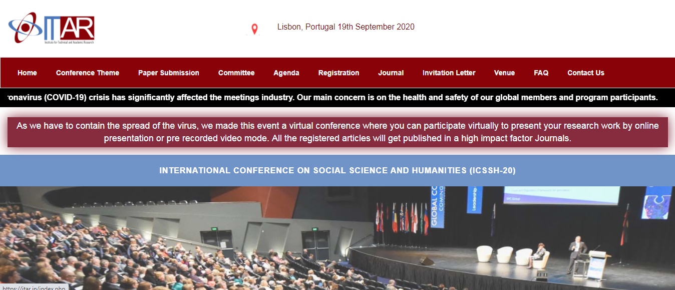INTERNATIONAL CONFERENCE ON SOCIAL SCIENCE AND HUMANITIES (ICSSH-20), LISBON, PORTUGAL, Portugal