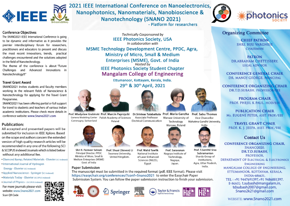 5NANO2021 - IEEE International Conference on Nanoelectronics, Nanophotonics, Nanomaterials, Nanobioscience & Nanotechnology, Kottayam, Kerala, India