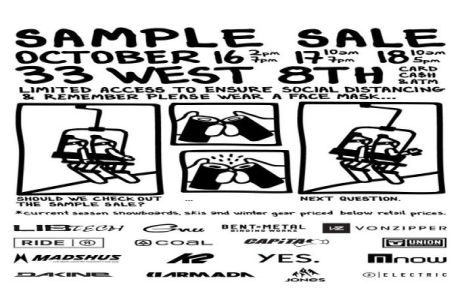 SAMPLE SALE - NEW AND USED SNOWBOARDS AND SKI'S UP TO 70% OFF!!!  Oct 16 - 18, 2020 at 33 West 8th Ave., Vancouver, British Columbia, Canada