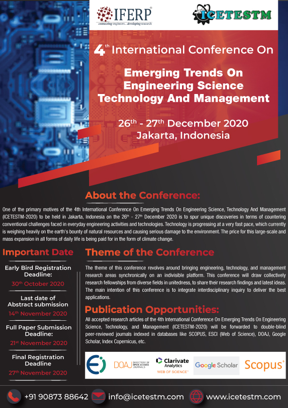 4th International Conference On Emerging Trends On Engineering Science, Technology And Management (ICETESTM-2020), Central Jakarta, Jakarta, Indonesia