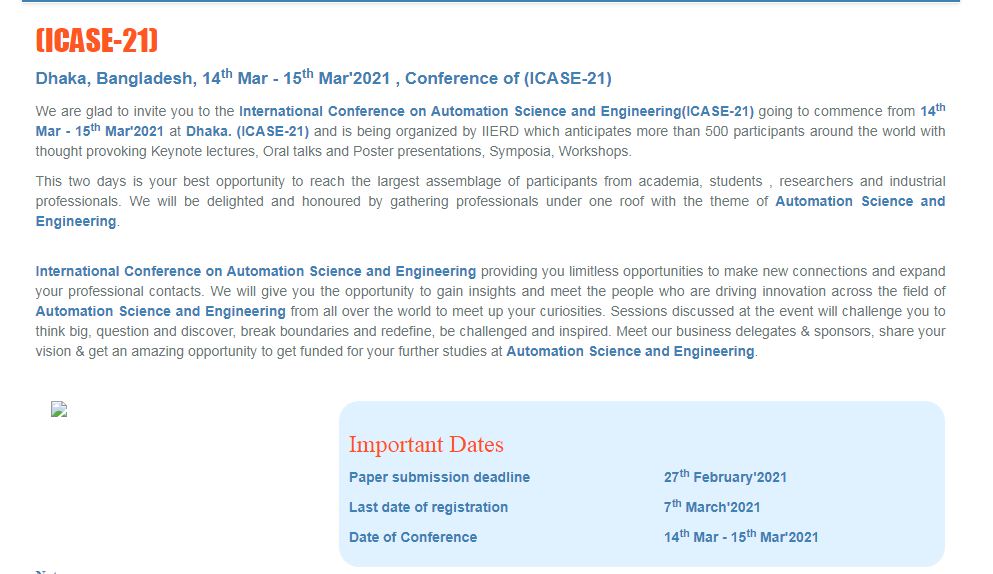 International Conference on Automation Science and Engineering, Dhaka, Bangladesh,Dhaka,Bangladesh
