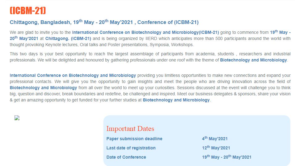 International Conference on Biotechnology and Microbiology, Chittagong, Bangladesh,Chittagong,Bangladesh