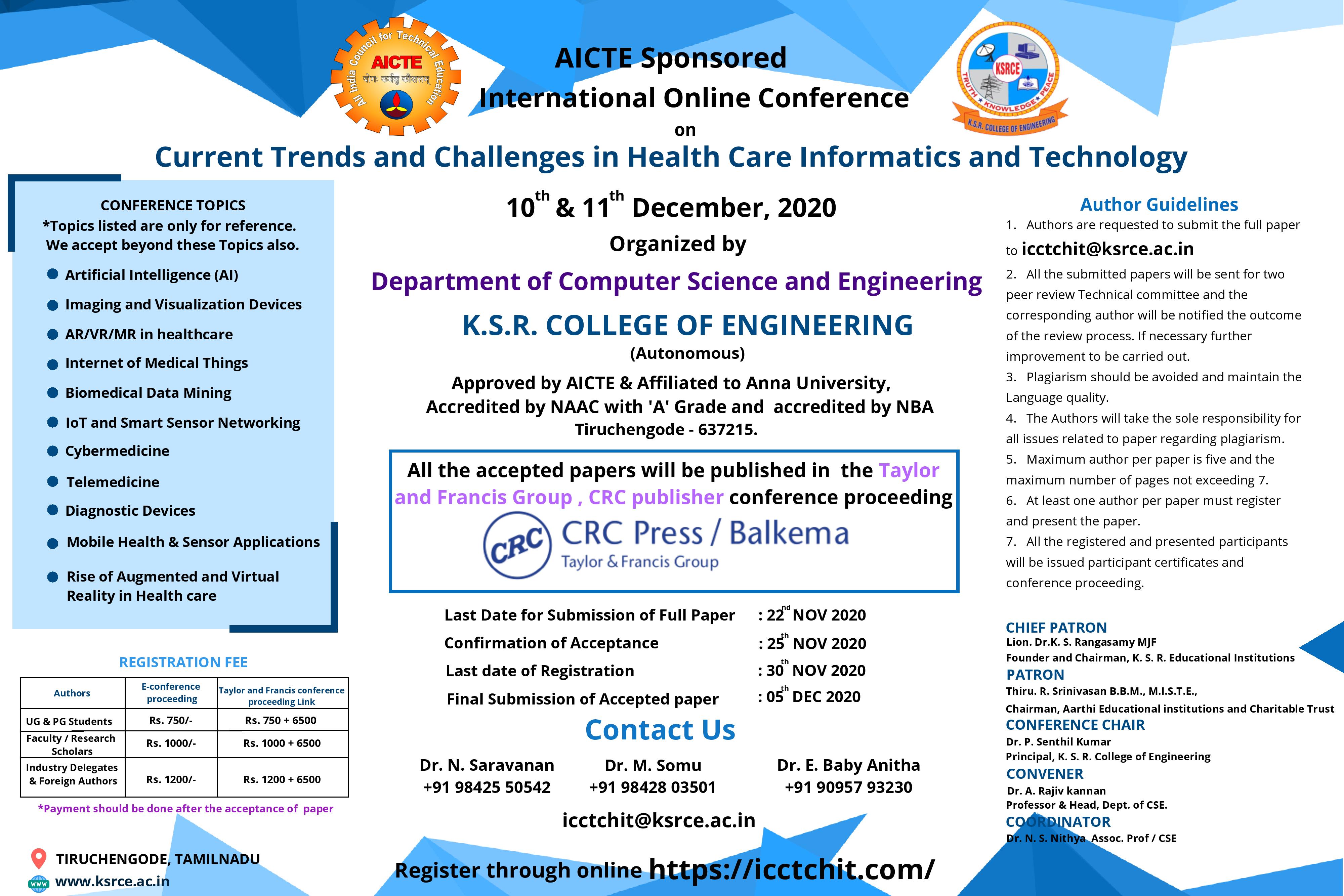 International Online Conference on Current Trends and Challenges in Health Care Informatics and Technology, Namakkal, Tamil Nadu, India