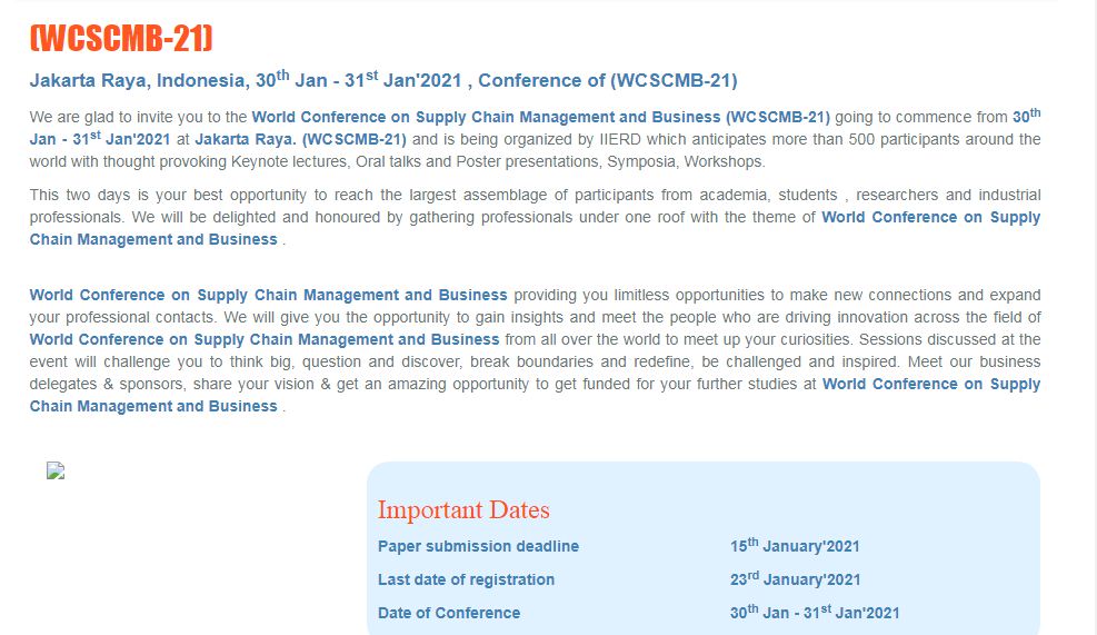 World Conference on Supply Chain Management and Business, Jakarta Raya, Indonesia,Jakarta,Indonesia