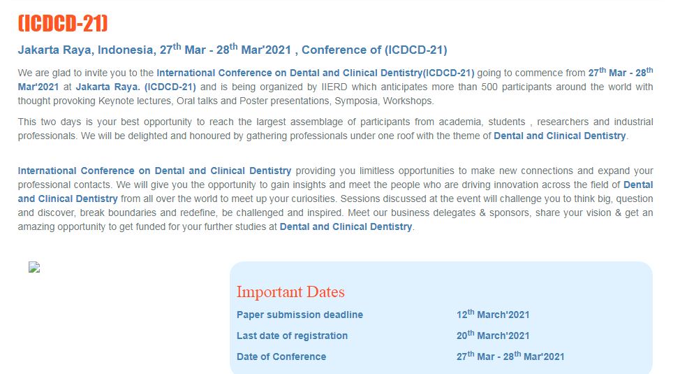 International Conference on Dental and Clinical Dentistry, Jakarta Raya, Indonesia,Jakarta,Indonesia