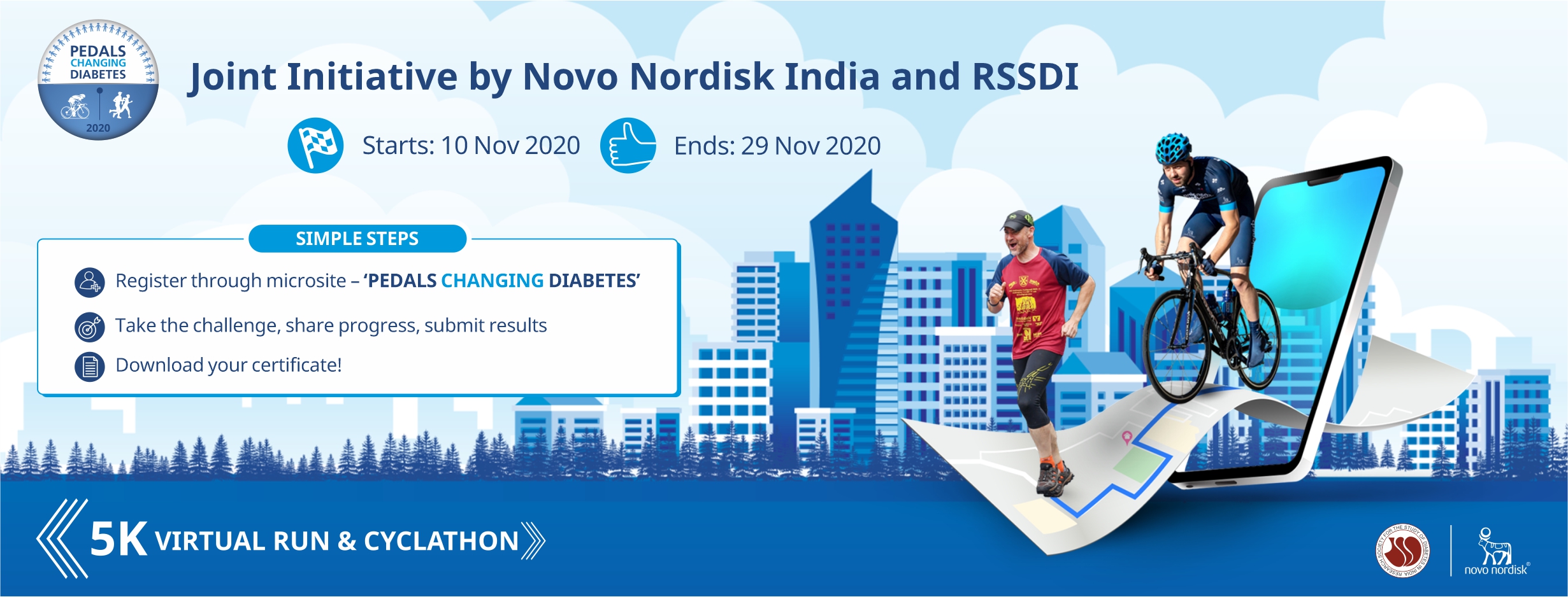 Novo Nordisk India and RSSDI are organizing Pedals Changing Diabetes, a 5 Kilometer Virtual Run & Cyclathon, Virtual Event, India