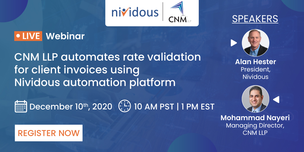 Nividous Live Webinar: CNM LLP automates rate validation for client invoices using Nividous automation platform, Moorestown, New Jersey, United States