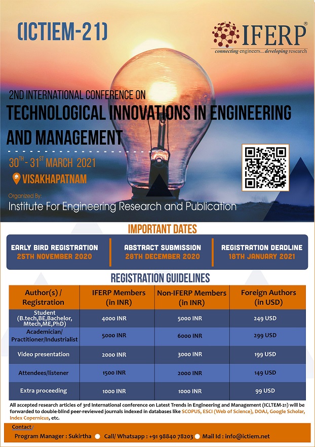 2nd International Conference on Technological Innovations in Engineering and Management (ICTIEM-21), Vishakhapatnam, Andhra Pradesh, India