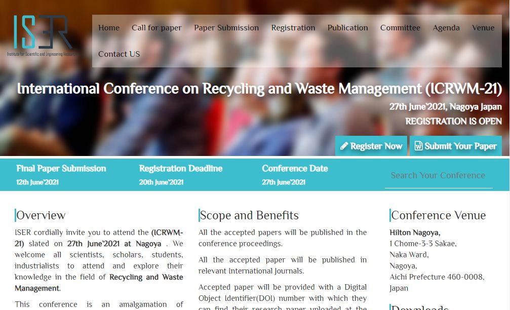 International Conference on Recycling and Waste Management, Nagoya Japan, Japan