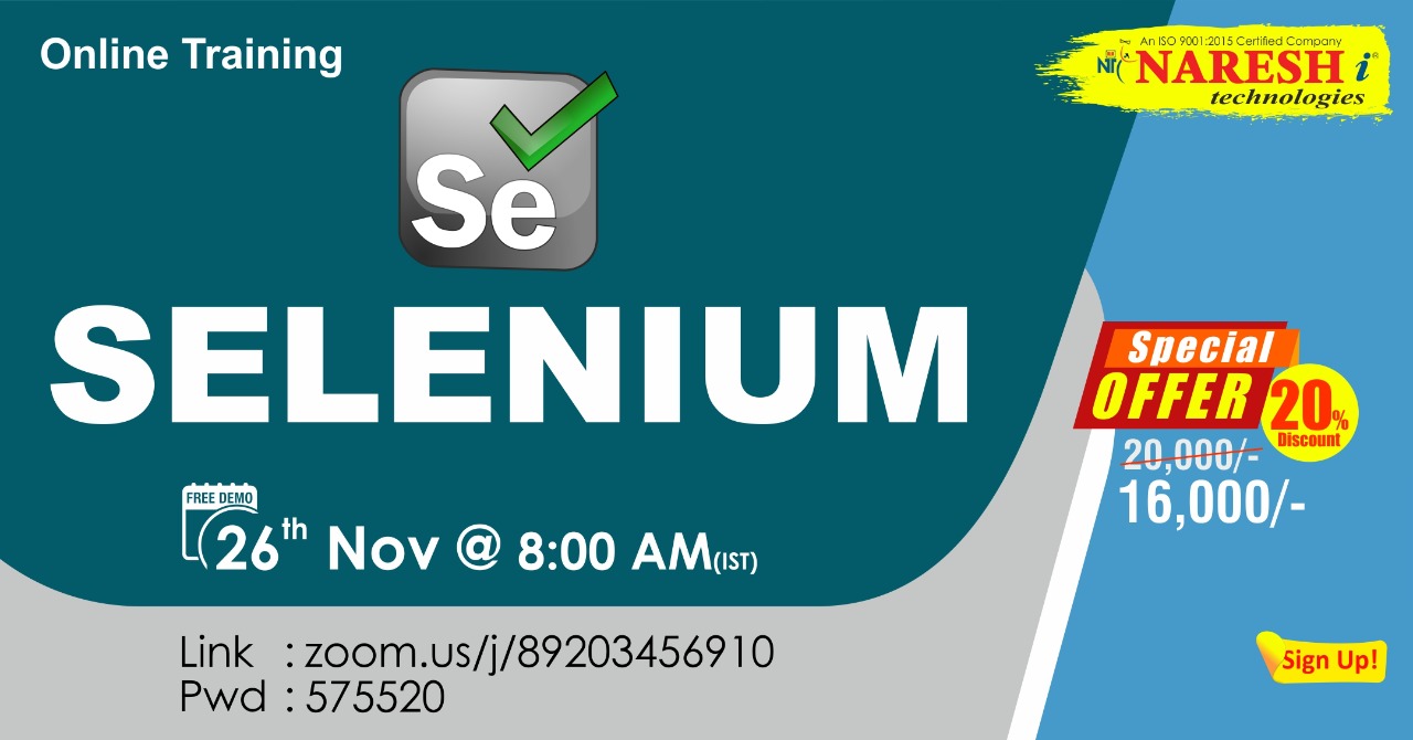 Selenium Online Training Demo on 26th November @ 8.00 AM (IST) By Real-time Expert., Hyderabad, Andhra Pradesh, India