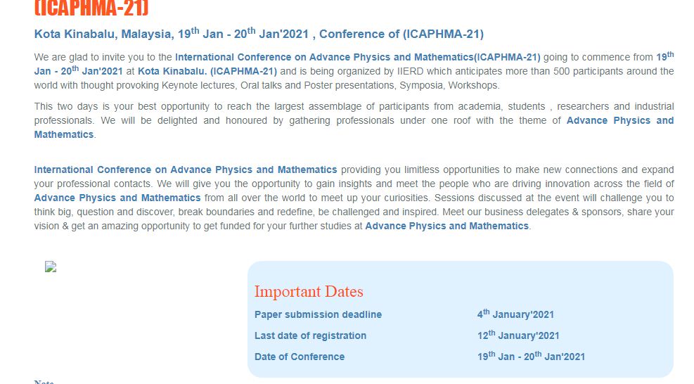 International Conference on Advance Physics and Mathematics, Kota Kinabalu, Malaysia, Malaysia