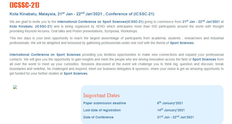 International Conference on Sport Sciences, Kota Kinabalu, Malaysia, Malaysia