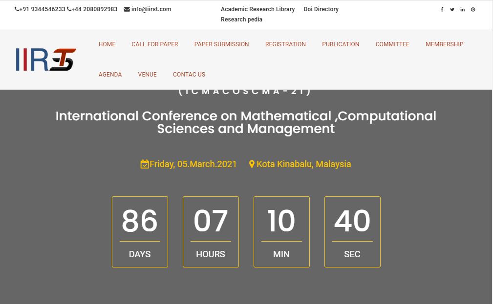 International Conference on Mathematical ,Computational Sciences and Management, Kota Kinabalu, Malaysia, Malaysia