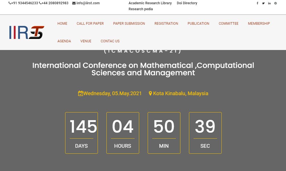 International Conference on Mathematical ,Computational Sciences and Management, Kota Kinabalu, Malaysia, Malaysia