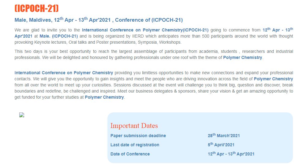 International Conference on Polymer Chemistry, Male, Maldives,Male,Maldives