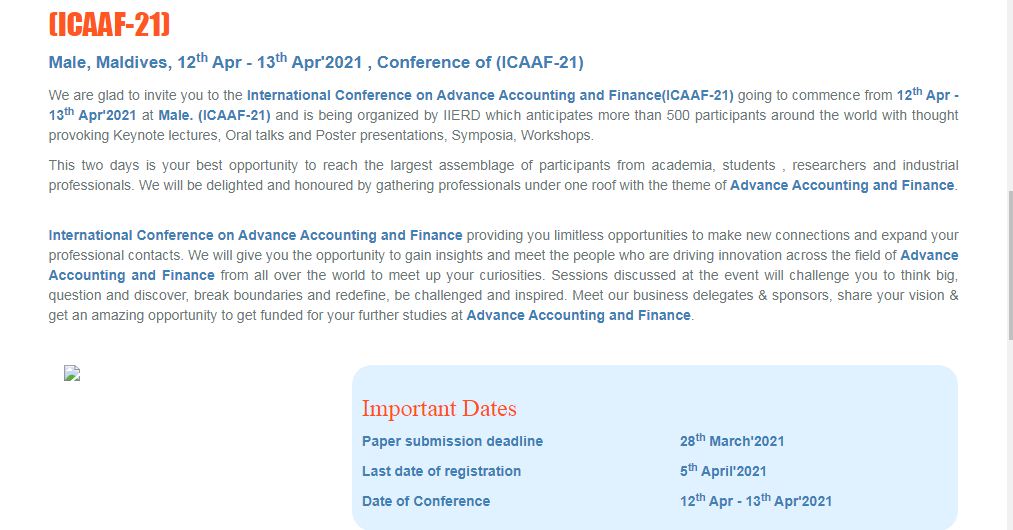 International Conference on Advance Accounting and Finance, Male, Maldives,Male,Maldives