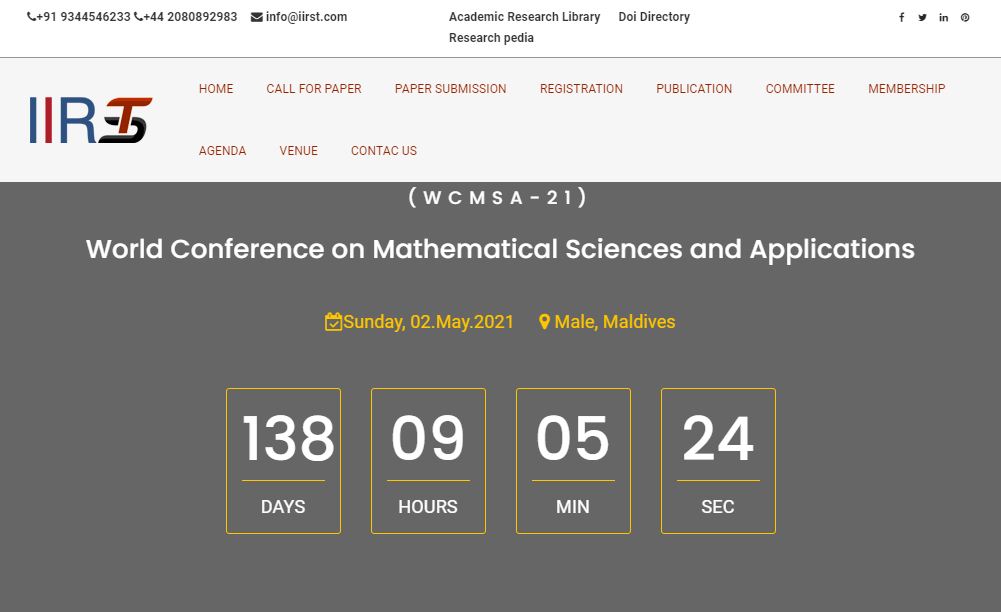 World Conference on Mathematical Sciences and Applications, Male, Maldives,Male,Maldives