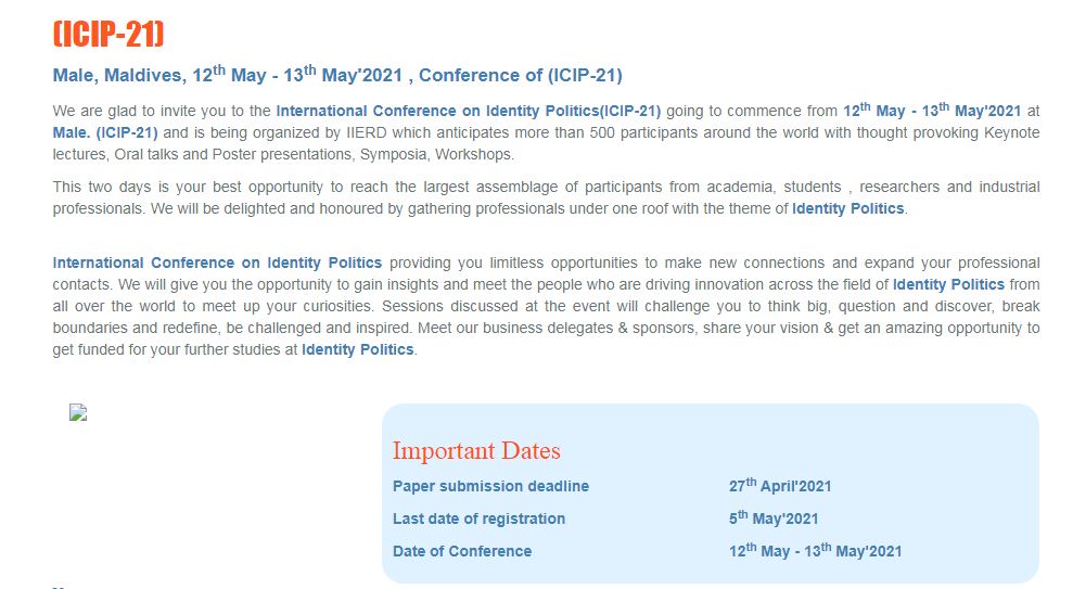 International Conference on Identity Politics, Male, Maldives,Male,Maldives