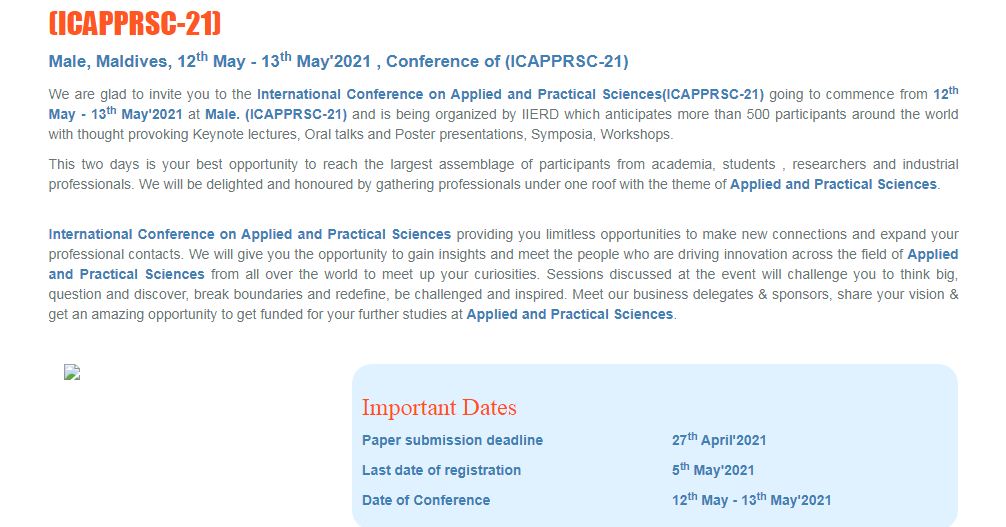 International Conference on Applied and Practical Sciences, Male, Maldives,Male,Maldives