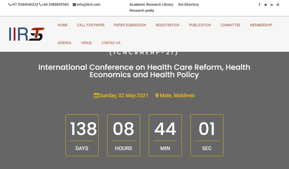 International Conference on Health Care Reform, Health Economics and Health Policy, Male, Maldives,Male,Maldives