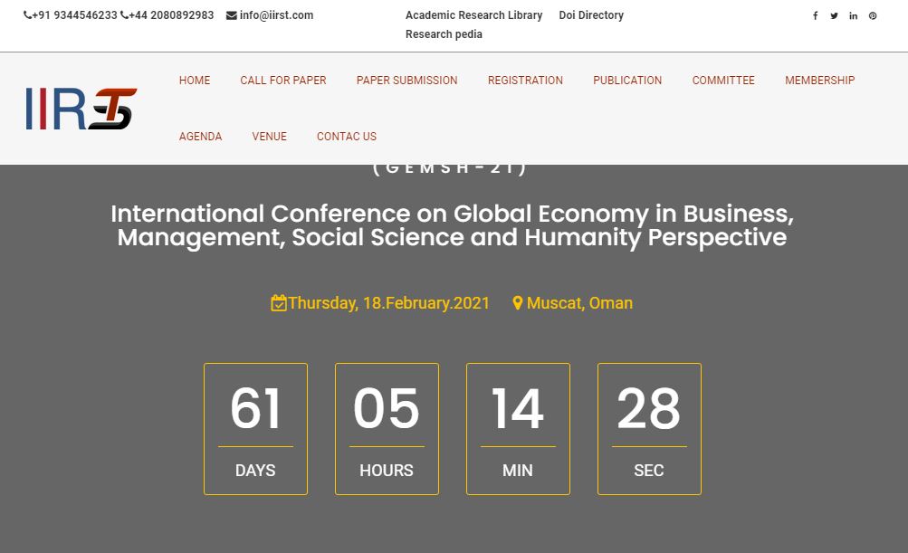 International Conference on Global Economy in Business, Management, Social Science and Humanity Perspective, Muscat,Oman,Muscat,Oman