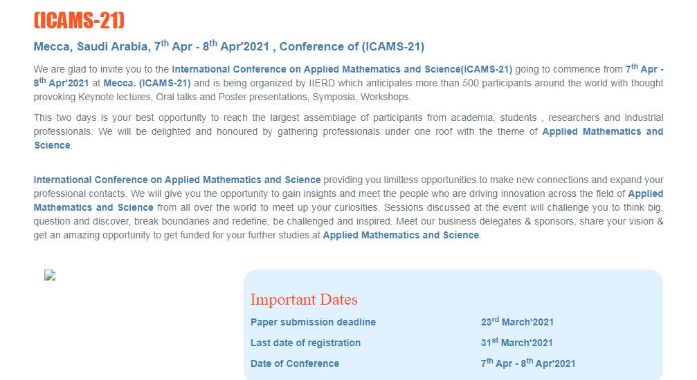 International Conference on Applied Mathematics and Science, Mecca, Saudi Arabia, Saudi Arabia