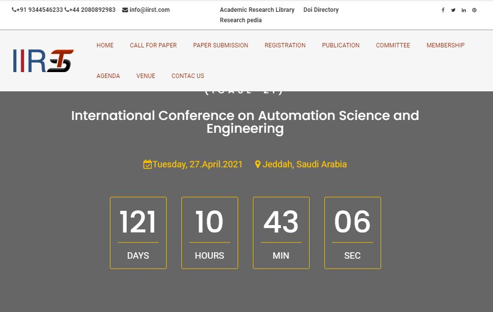 International Conference on Automation Science and Engineering, Jeddah, Saudi Arabia, Saudi Arabia