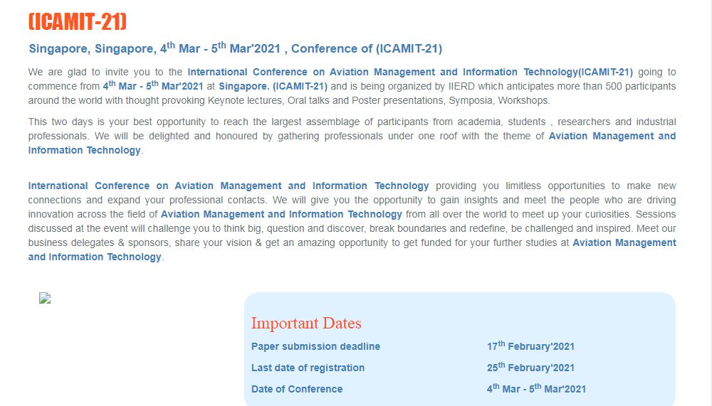 International Conference on Aviation Management and Information Technology, Singapore