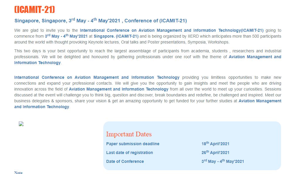 International Conference on Aviation Management and Information Technology, Singapore