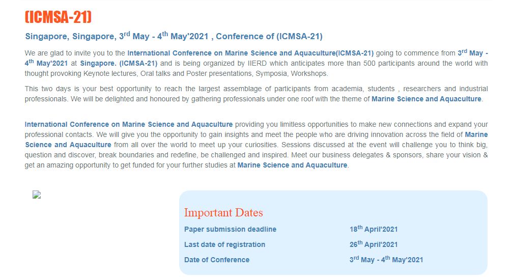 International Conference on Marine Science and Aquaculture, Singapore