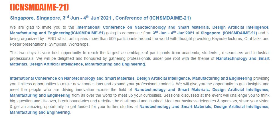 International Conference on Nanotechnology and Smart Materials, Design Artificial Intelligence, Manufacturing and Engineering, Singapore