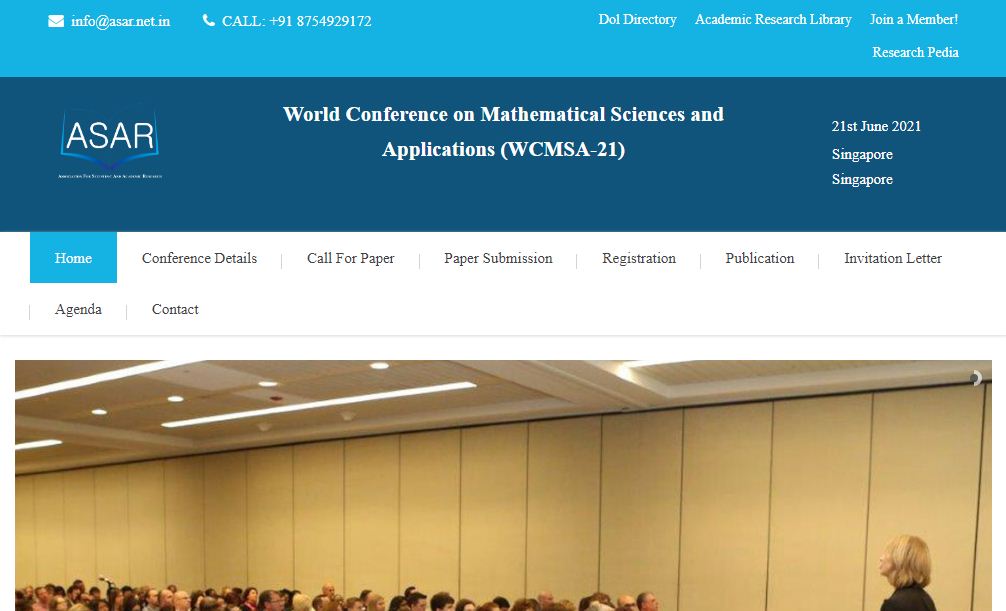 World Conference on Mathematical Sciences and Applications, Singapore