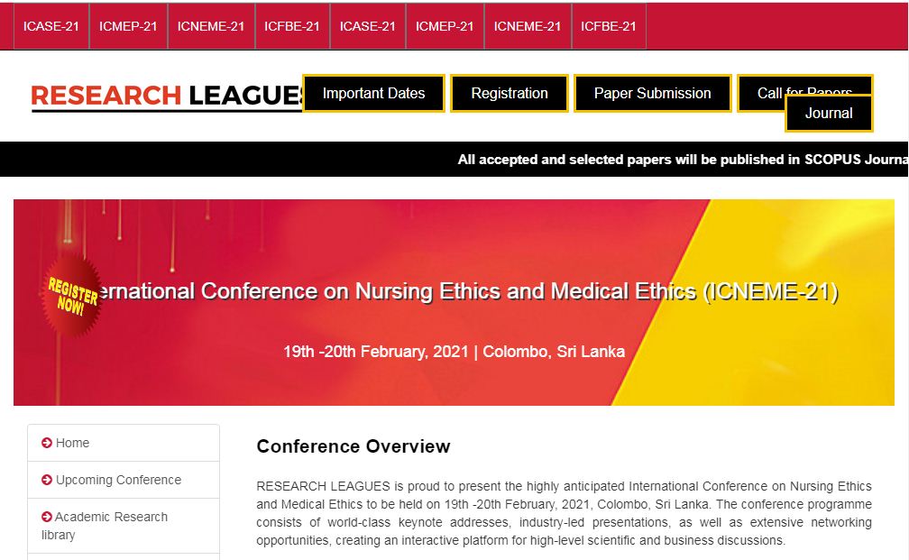 International Conference on Nursing Ethics and Medical Ethics, Colombo, Sri Lanka,Colombo,Sri Lanka