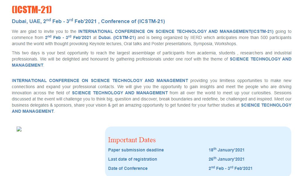 INTERNATIONAL CONFERENCE ON SCIENCE TECHNOLOGY AND MANAGEMENT, Dubai, UAE,Dubai,United Arab Emirates