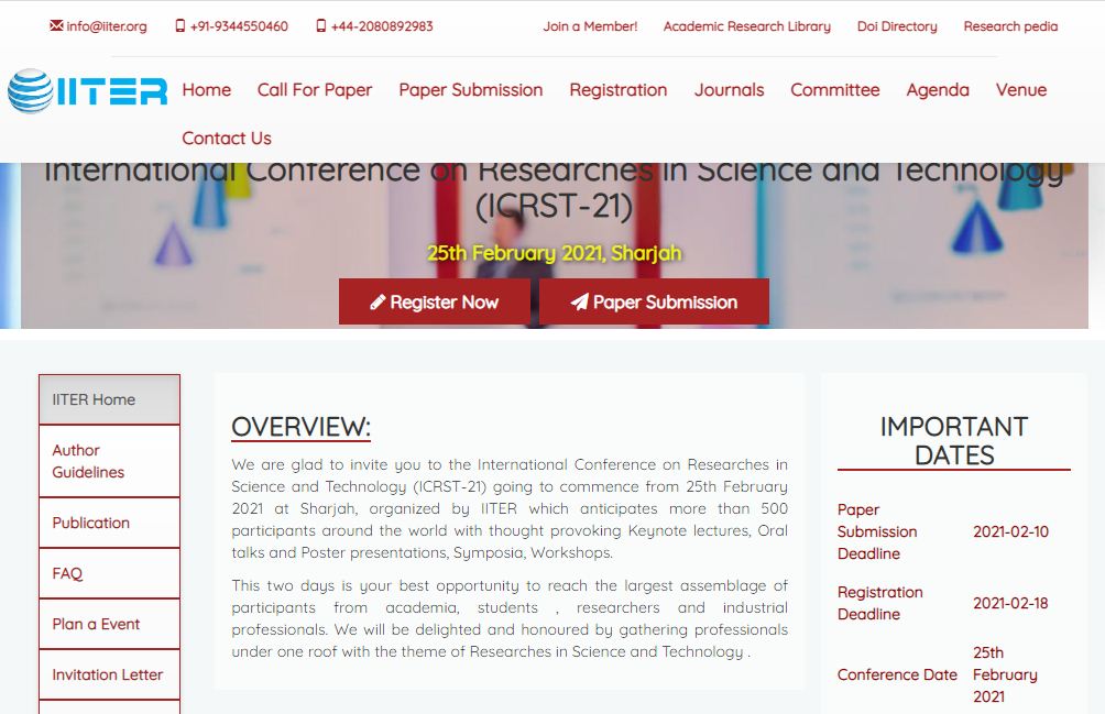 International Conference on Researches in Science and Technology, Sharjah,UAE,Sharjah,United Arab Emirates