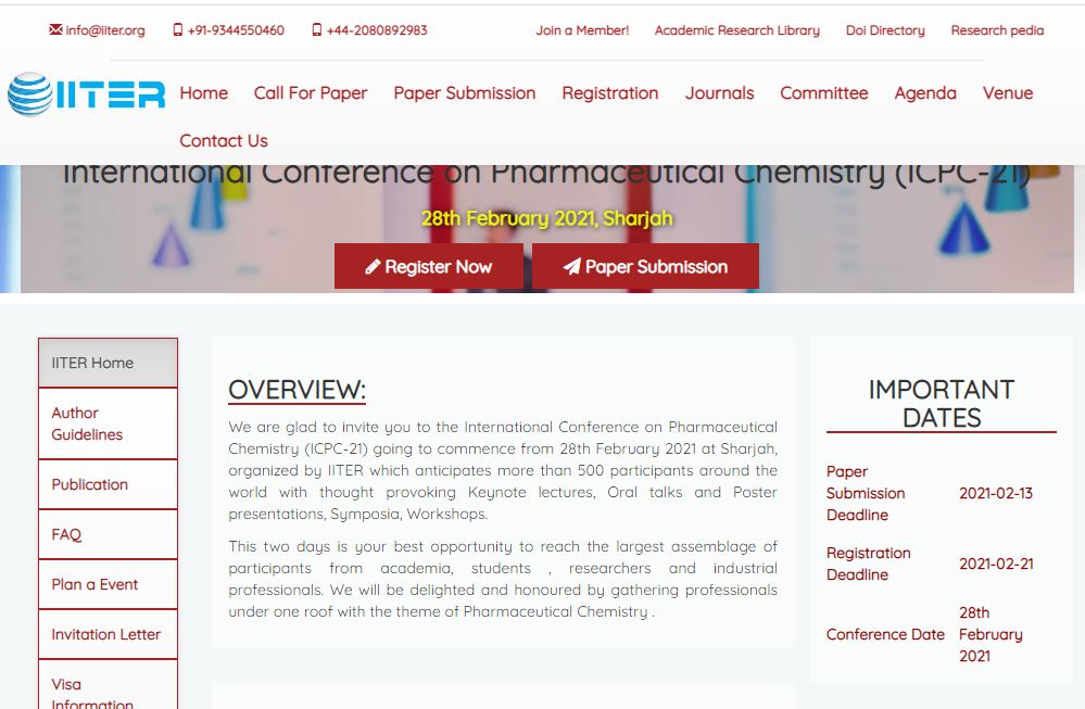 International Conference on Pharmaceutical Chemistry, Sharjah,UAE,Sharjah,United Arab Emirates