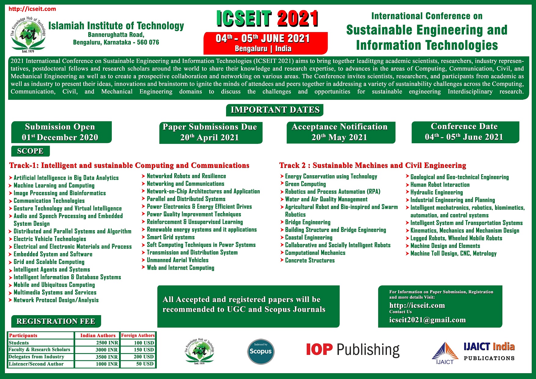 International Conference on Sustainable Engineering and Information Technologies (ICSEIT 2021), Bangalore, Karnataka, India