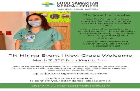 RN Hiring Event (New Grads Welcome) on 3/31 at Good Samaritan Medical Center | Up to $20K Bonus, West Palm Beach, Florida, United States