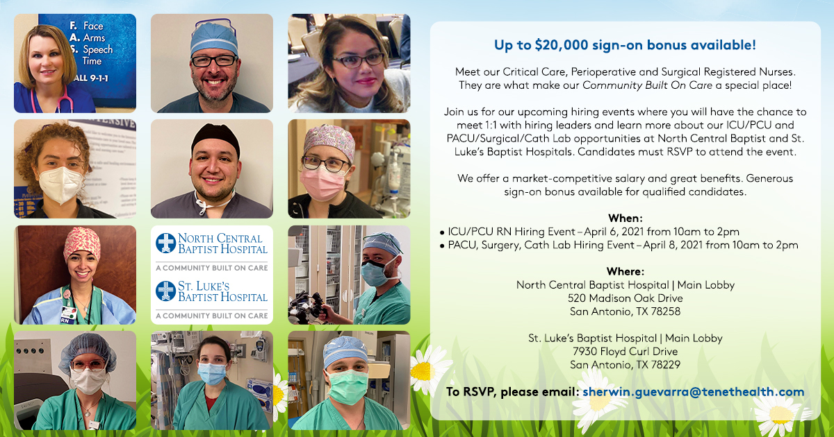 RN ICU, PCU, PACU, Surgery, and Cath Lab Hiring Event on 4/6 and 4/8 | Baptist Health System, San Antonio, Texas, United States