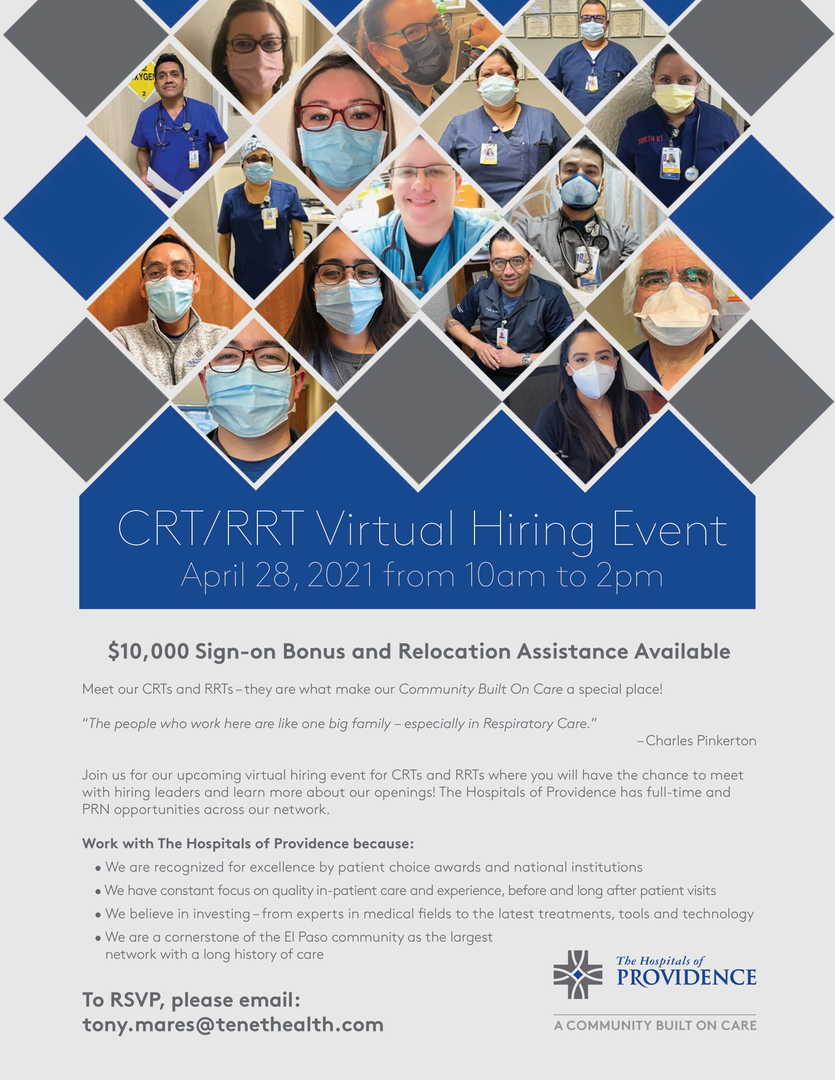 Respiratory Therapist (CRT/RRT) Virtual Hiring Event on 4/28 | The Hospitals of Providence, Dearing, Kansas, United States