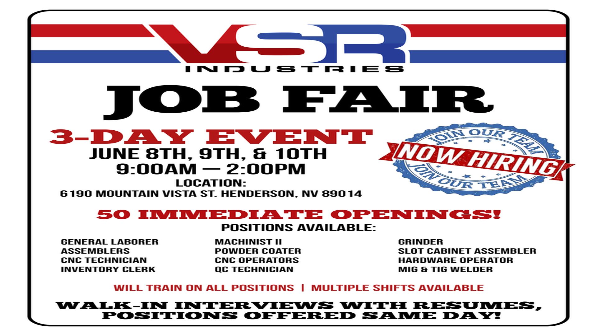 Henderson Manufacturing Company Hosting Job Fair to Fill 50 Openings, Henderson, Nevada, United States
