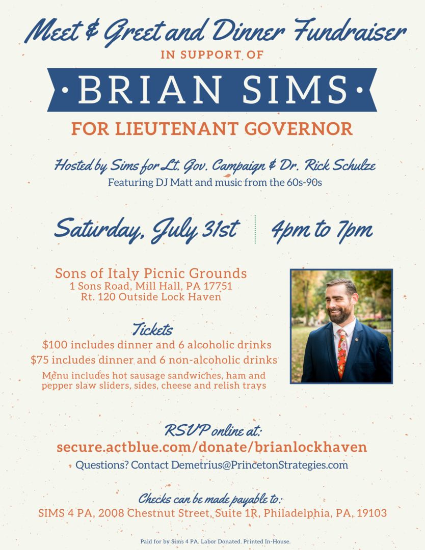 Meet and Greet and Dinner Fundraiser for Brian Sims, Candidate for PA Lt. Governor, Mill Hall, Pennsylvania, United States