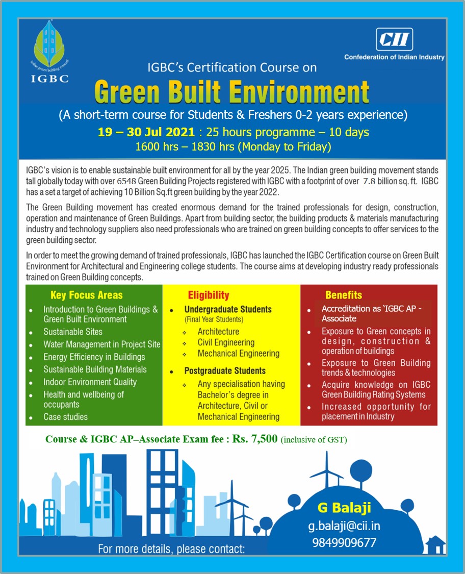 IGBC Certification Course on Green Built Environment (Online), Hyderabad, Telangana, India
