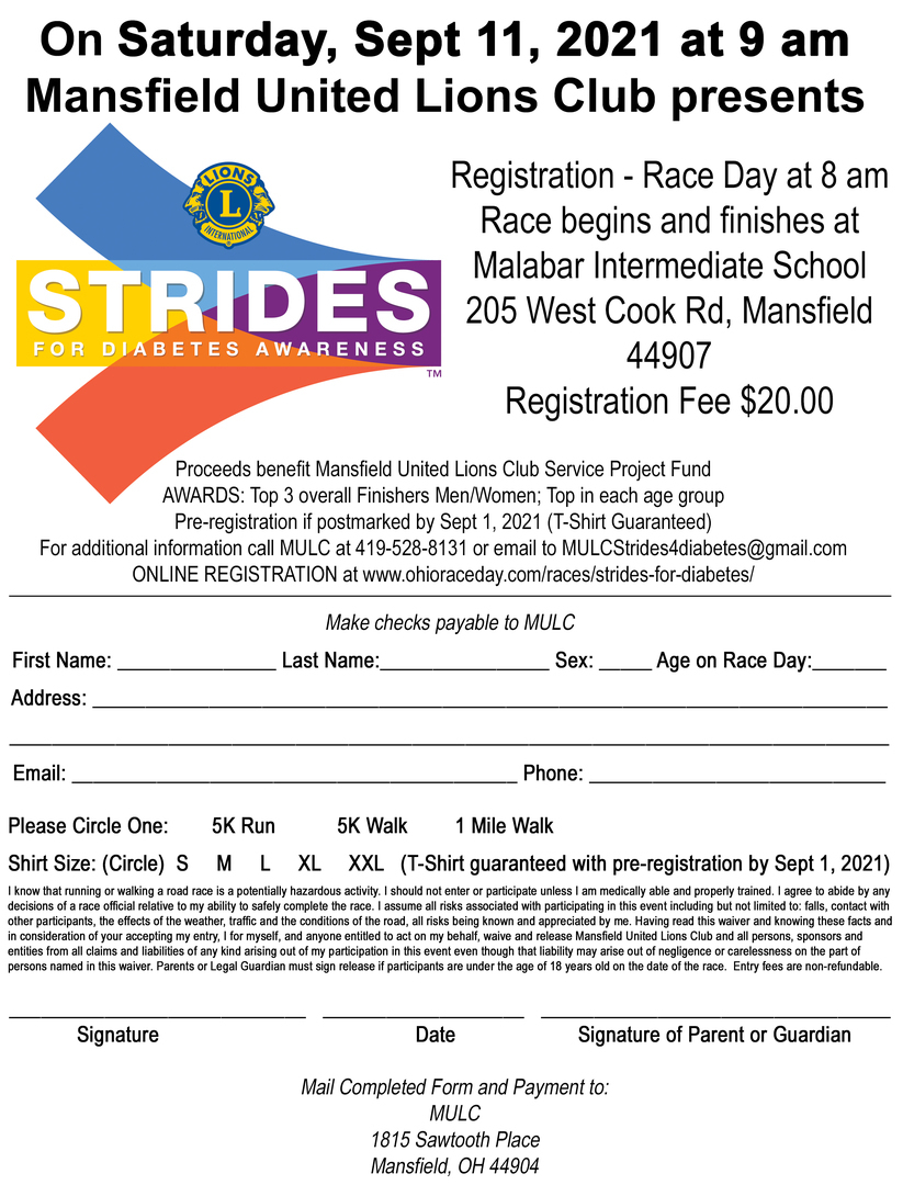 Mansfield United Lions Club Strides for Diabetes Awareness 5k and 1 mile walk, Mansfield, Ohio, United States