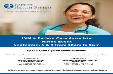 LVN and Patient Care Associate Hiring Event - 9/1, 9/2 | Baptist Health System, San Antonio, Texas, United States