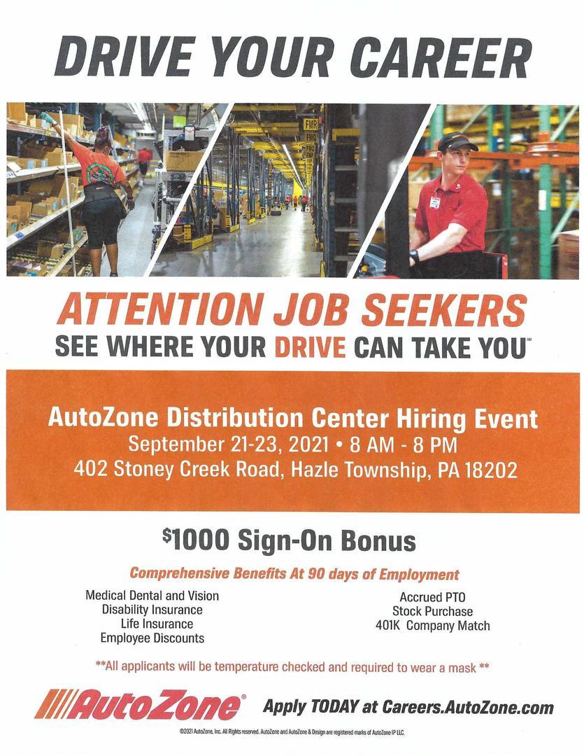 AutoZone Distribution Center Job Fair, September 21,22 and 23rd from 8:00am to 8:00pm, Hazle Township, Pennsylvania, United States