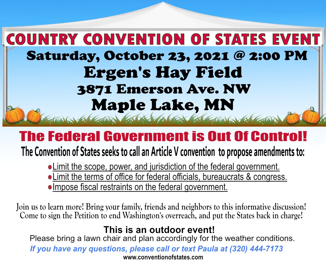 Maple Lake Outdoor Convention of States Event Oct. 23, 2pm, Maple Lake, Minnesota, United States