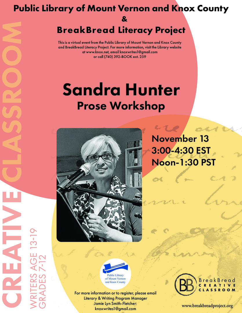 Prose with Sandra Hunter, Teen Creative Writing Workshop, Online Event