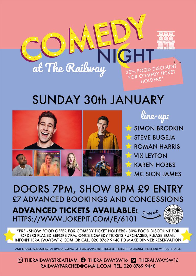 Collywobblers Comedy at The Railway Streatham : Simon Brodkin, Roman Harris, Steve Bugeja and more, London, United Kingdom