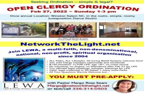 Open Clergy Ordination Available February 27, Saturday 1-3pm, Winston-Salem NC, Winston-Salem, North Carolina, United States